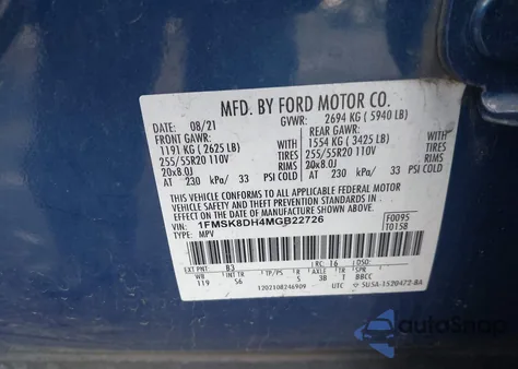 2021 Ford Explorer Xlt z USA, uszkodzony, nr VIN 1FMSK8DH4MGB22726